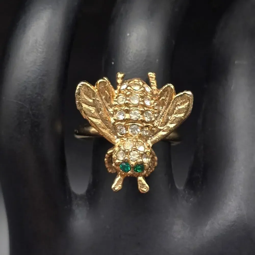 Gold Tone Rhinestone Bumble Bee Ring Size 5.5 Vintage Costume Jewelry